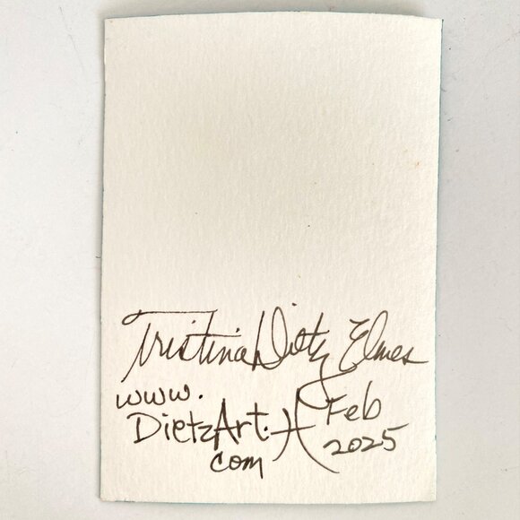 ACEO Original Acrylic Mixed Media Art Tristina Dietz Elmes ATC Orange Blue Green - Picture 3 of 3